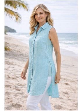 Chico’s Linen Side Slit Tunic Shirt in Aqua Button Down New Size Large